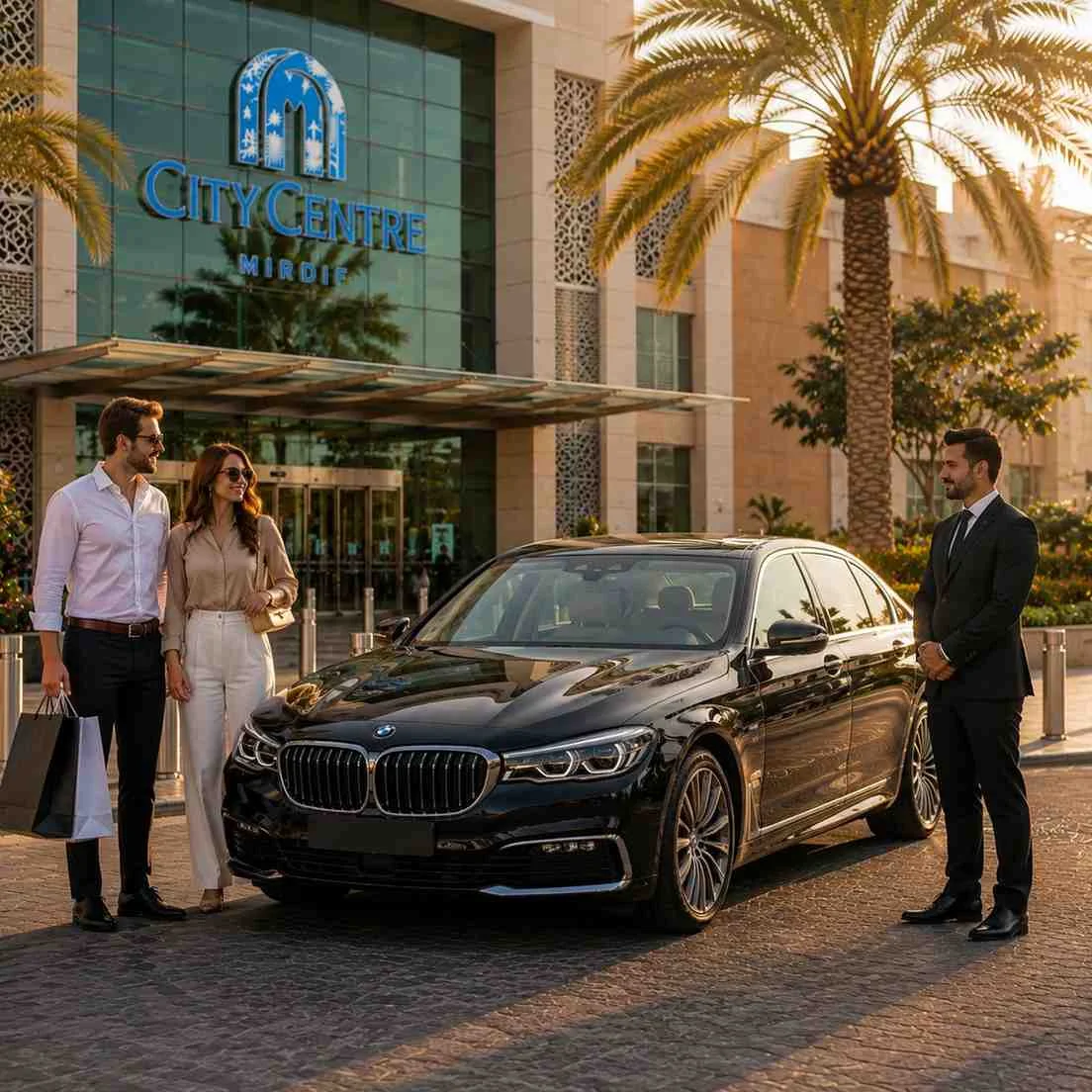 Fashionable couple standing beside a luxury black BMW 7 Series with a professional chauffeur outside City Centre Mirdif in Dubai.