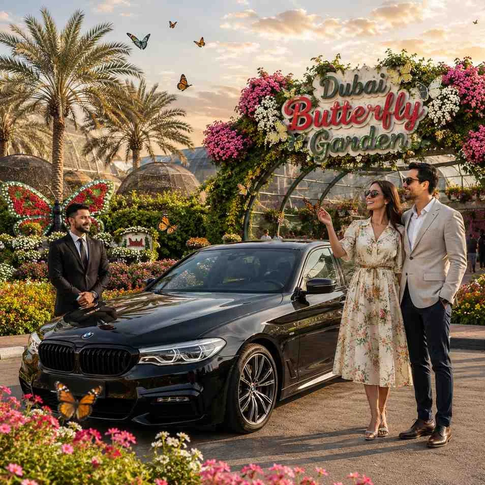 VIP couple with a luxury BMW 5 Series and professional chauffeur at Dubai Butterfly Garden surrounded by colorful flowers and butterfly-themed landscaping.