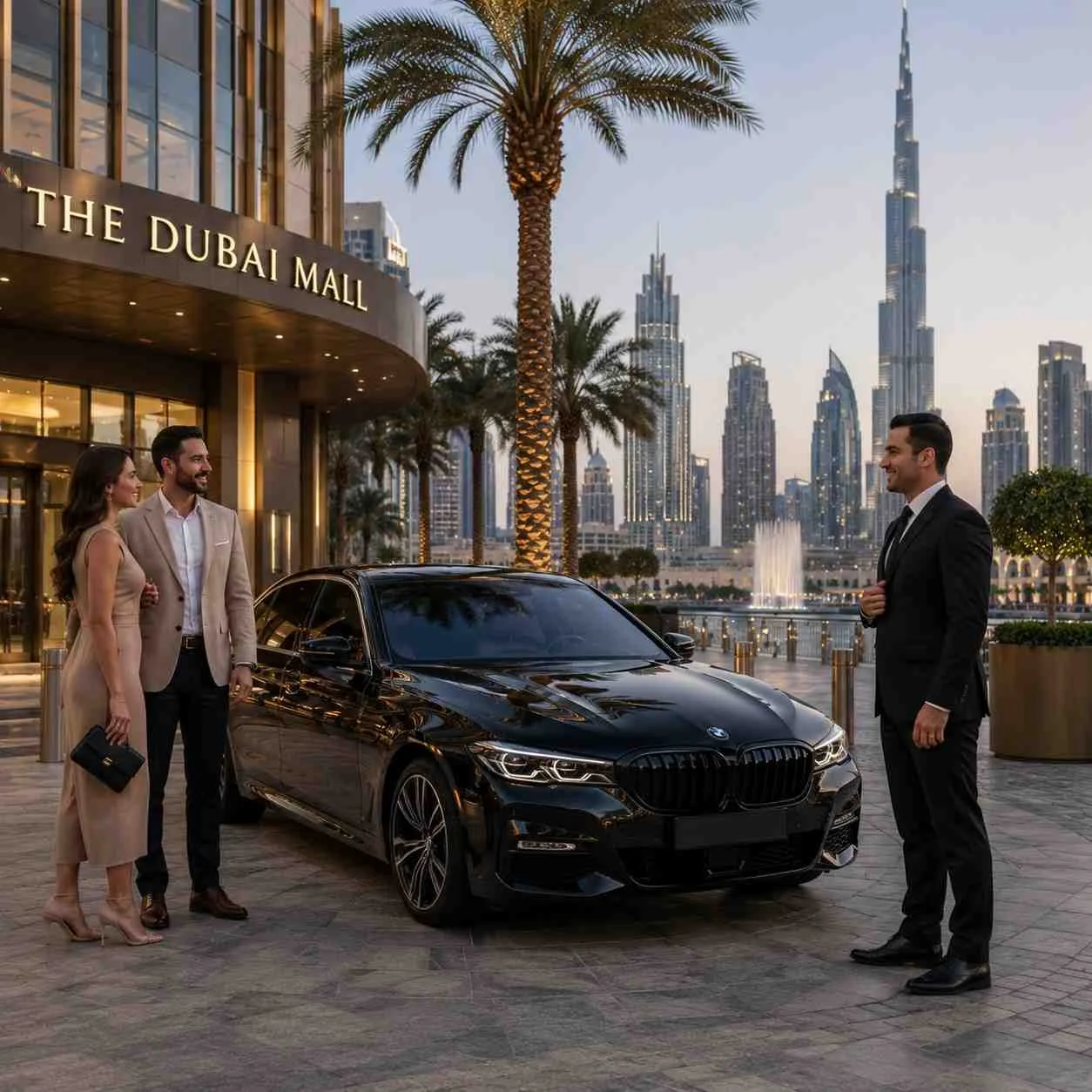 Luxury BMW 5 Series with a professional chauffeur welcoming an elegant couple outside Dubai Mall, with the Burj Khalifa and Downtown Dubai skyline in the background.