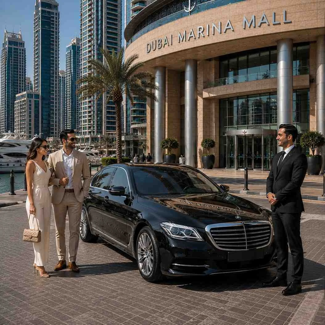 Black Mercedes-Benz S-Class with a professional chauffeur welcoming an elegant couple outside Dubai Marina Mall, with the Dubai Marina waterfront and skyline in the background.
