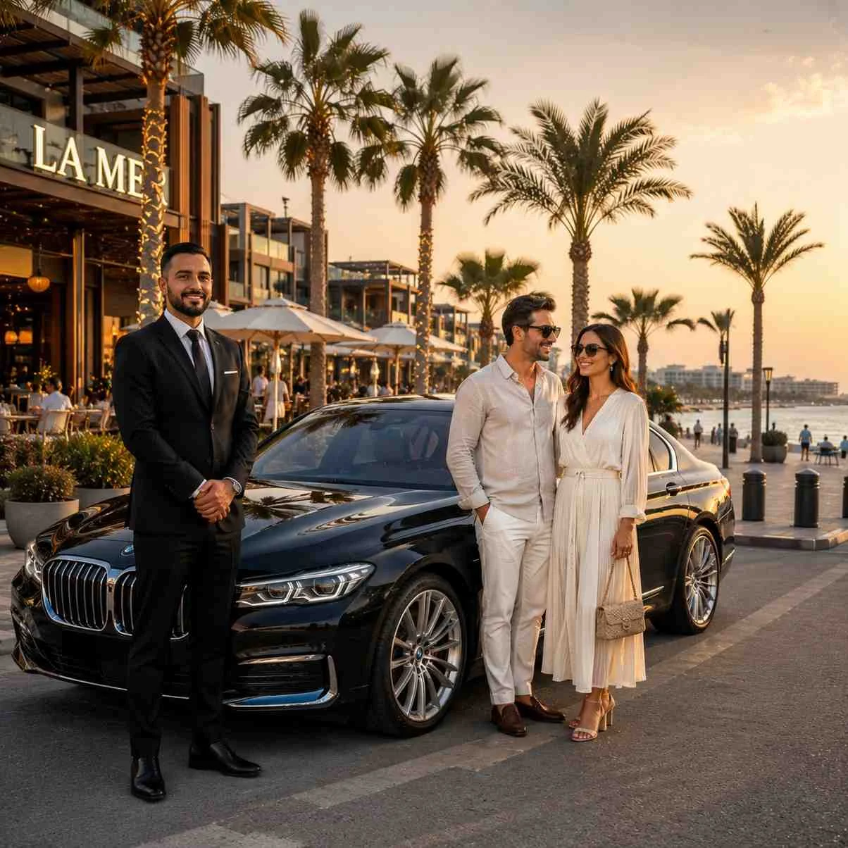 Luxury BMW 7 Series with a professional chauffeur and an elegant couple at La Mer Beach Dubai during golden hour, featuring the beachfront promenade, palm trees, waterfront restaurants, and Arabian Gulf views.