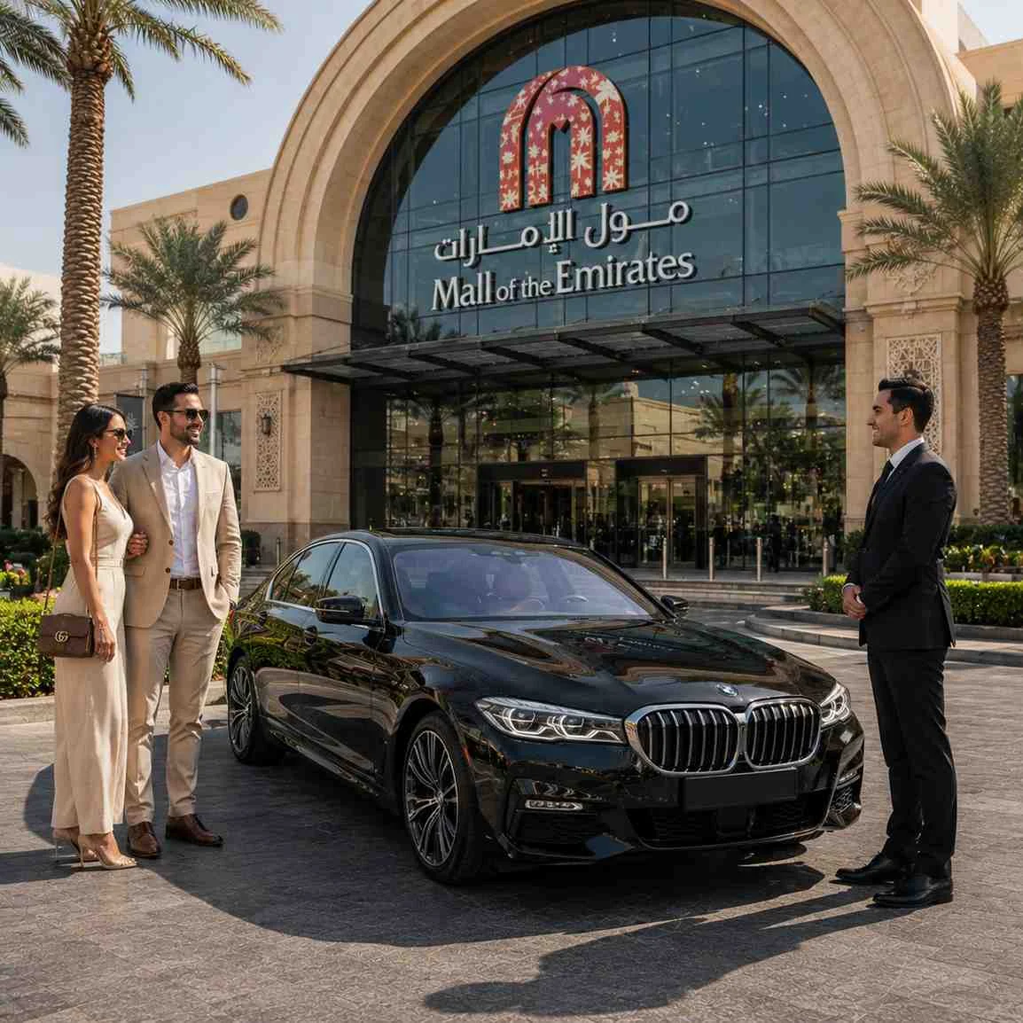 Luxury BMW 5 Series with a professional chauffeur welcoming an elegant couple outside Mall of the Emirates Dubai, featuring the mall's iconic entrance and modern architecture.