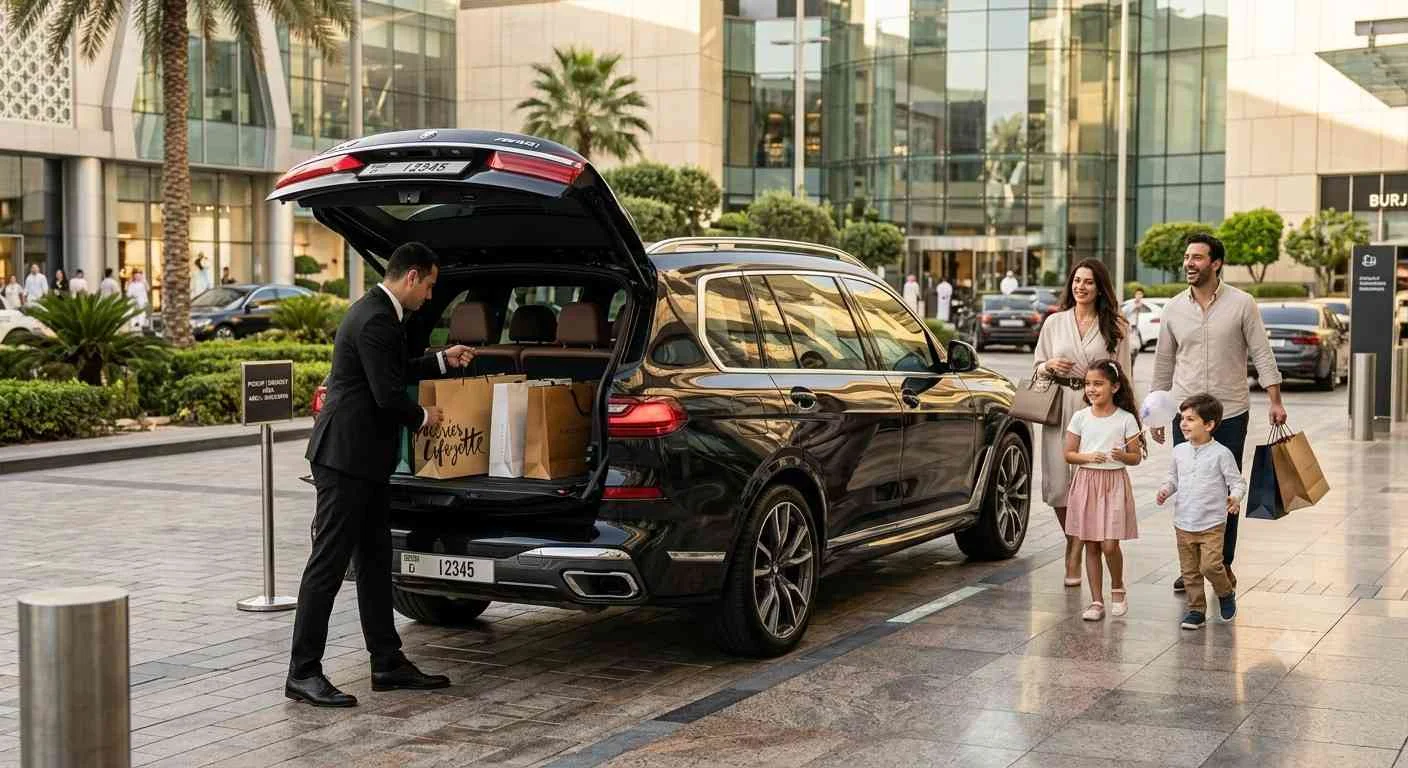 Bags being loaded into a luxury SUV as a family walks to the car in Dubai