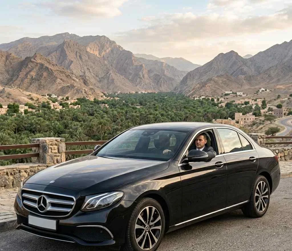 Ultra-realistic luxury commercial photography of a sleek black executive sedan parked at a scenic mountain viewpoint in Madha, Oman, with a professional chauffeur visible in the driver's seat looking out over a lush green palm oasis.