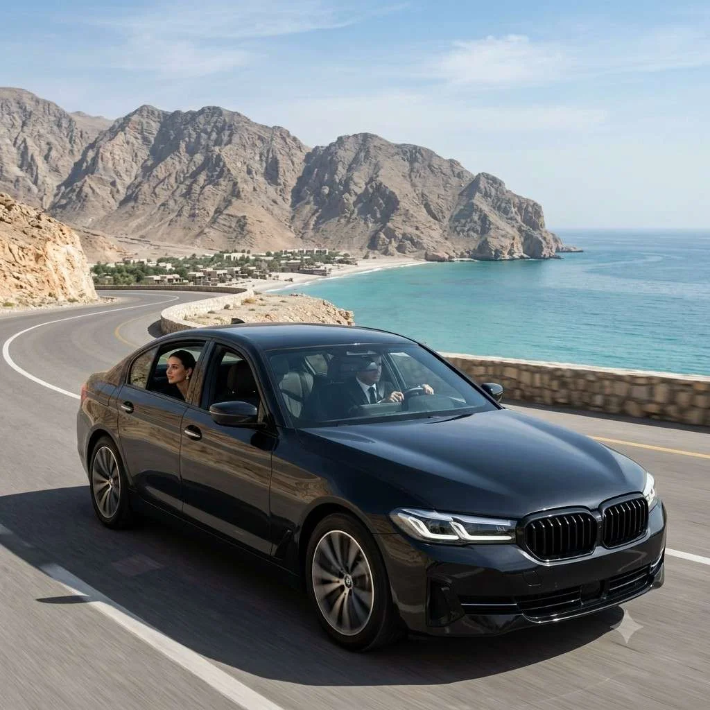 Ultra-realistic luxury commercial photography of a sleek black executive sedan with a professional chauffeur driving an elegant passenger along a scenic coastal road toward the dramatic mountains and turquoise sea of Zighy Bay, Oman.